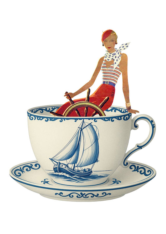 Postkarte #9 - Blaues Tässchen und Frau Sail