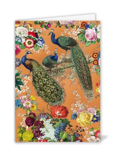 Grußkarte - Pfau im Blumenbouquet